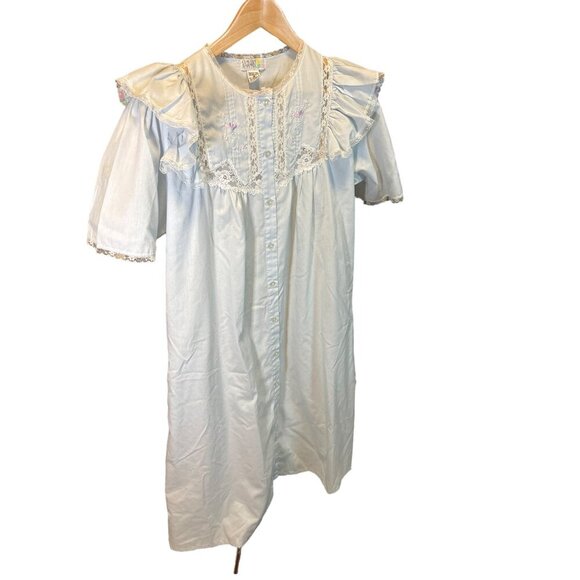 Vintage Claudia Barnes Nightgown Ruffled Lace Smocking Blue Button Front Size M - Picture 3 of 10